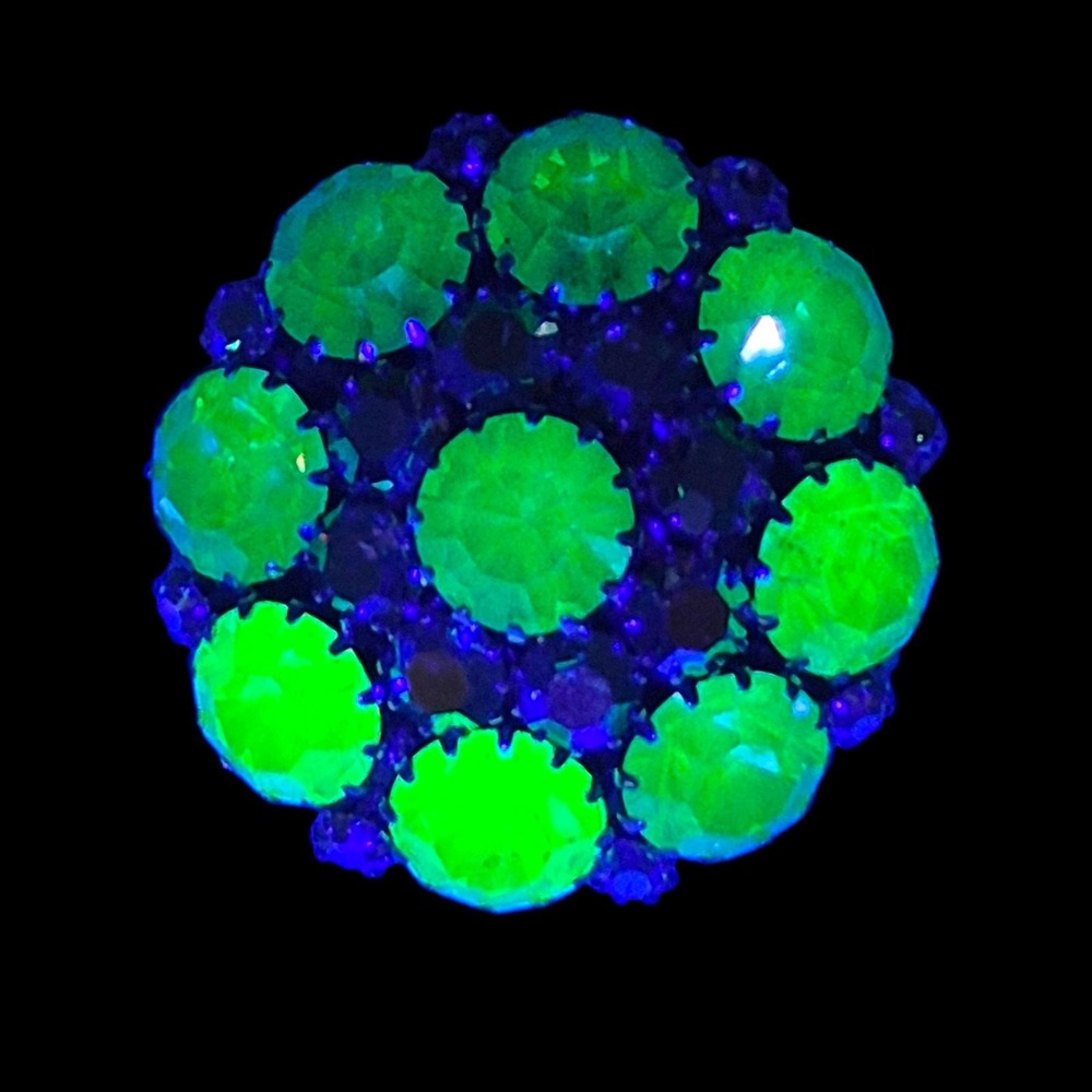 Vintage Uranium Glass Brooch Green Aurora Borealis AB Domed Rhinestone Pin MCM